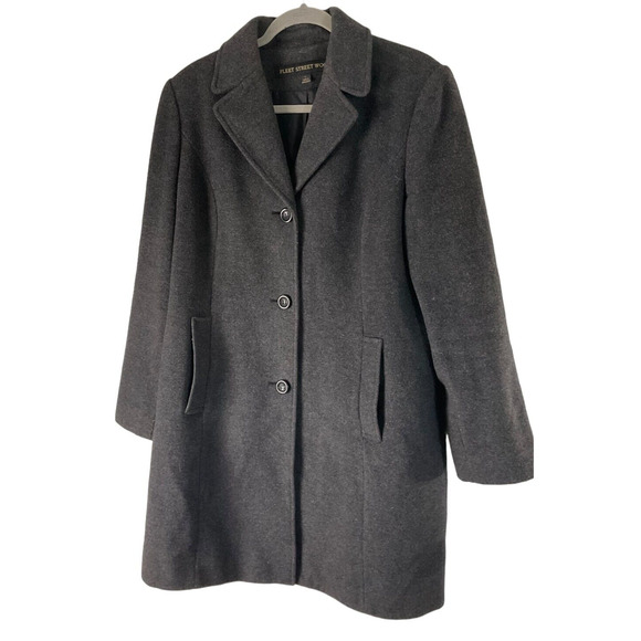 Fleet Street Wool Coat Dark Charcoal Grey Large Three Button Warm Winter Jacket - Picture 1 of 13